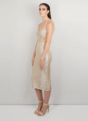 MADOLA-THE-LABEL. OLIVIA DRESS. Strapless party dress. Metallic fabric. Side transparent mesh. Inbuilt corset, Princess-line, fully-lined, Designed in Australia