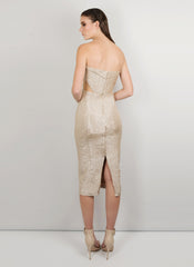 MADOLA-THE-LABEL. OLIVIA DRESS. Strapless party dress. Metallic fabric. Side transparent mesh. Inbuilt corset, Princess-line, fully-lined, Designed in Australia