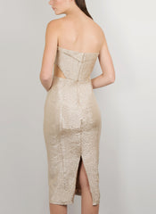 MADOLA-THE-LABEL. OLIVIA DRESS. Strapless party dress. Metallic fabric. Side transparent mesh. Inbuilt corset, Princess-line, fully-lined, Designed in Australia